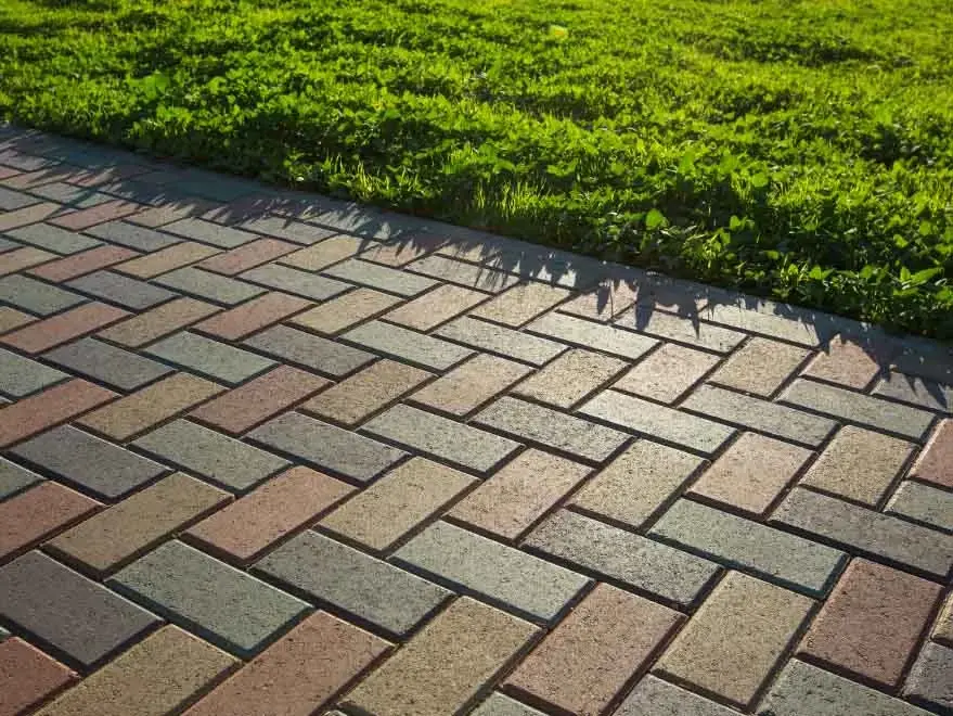 Paving block warna-warni motif susun bata yang terpasang rapi di tepi area rumput hijau.