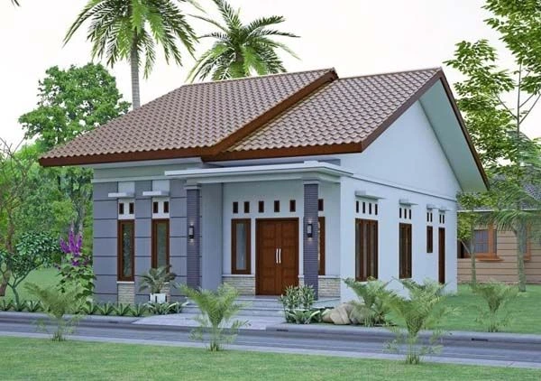 Desain rumah minimalis atap limas modern dengan fasad putih abu, jendela kayu, dan taman hijau yang rapi.