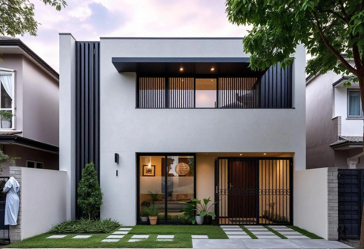 Tampak depan rumah minimalis modern dua lantai dengan fasad putih bersih, aksen garis vertikal hitam, dan taman kecil yang rapi