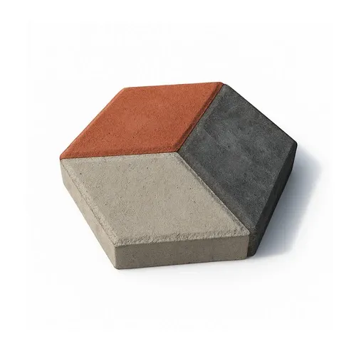 Paving block 3D motif hexagon tiga warna merah abu dan krem untuk lantai outdoor