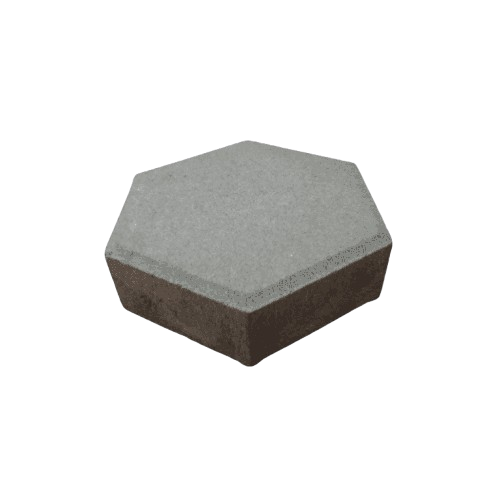 Foto paving block hexagonal warna abu-abu dengan permukaan kokoh, digunakan untuk halaman rumah, carport, dan area pedestrian