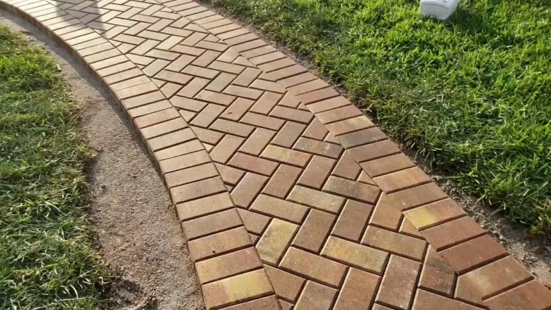 Jalan setapak taman dengan paving block bata merah tersusun rapi berbentuk melengkung