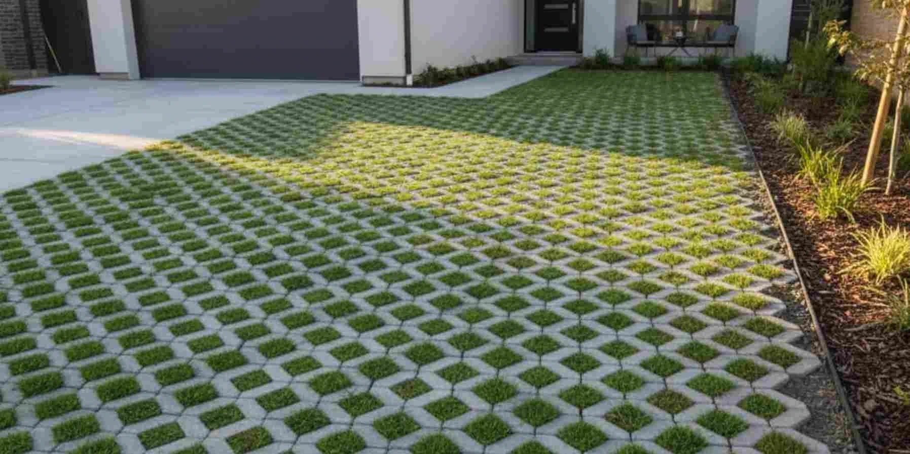 Proses pemasangan grass block di area taman dengan susunan paving berlubang untuk resapan air