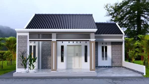 Desain rumah minimalis modern satu lantai dengan atap pelana hitam, fasad putih abu, dan elemen batu alam pada dinding