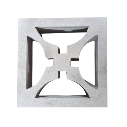 Roster beton motif panah dengan desain geometris simetris berwarna putih untuk ventilasi dan dekorasi bangunan.