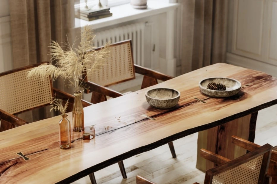 Meja makan mebel kayu solid bergaya rustic dengan kursi anyaman rotan dan dekorasi vas kaca serta mangkuk keramik di ruang bernuansa natural.