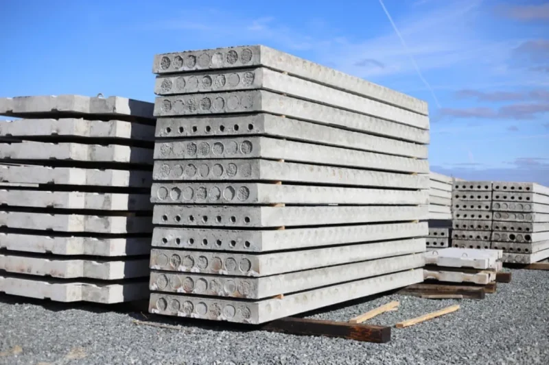 Tumpukan panel beton precast pracetak di area pabrik untuk kebutuhan proyek infrastruktur dan konstruksi