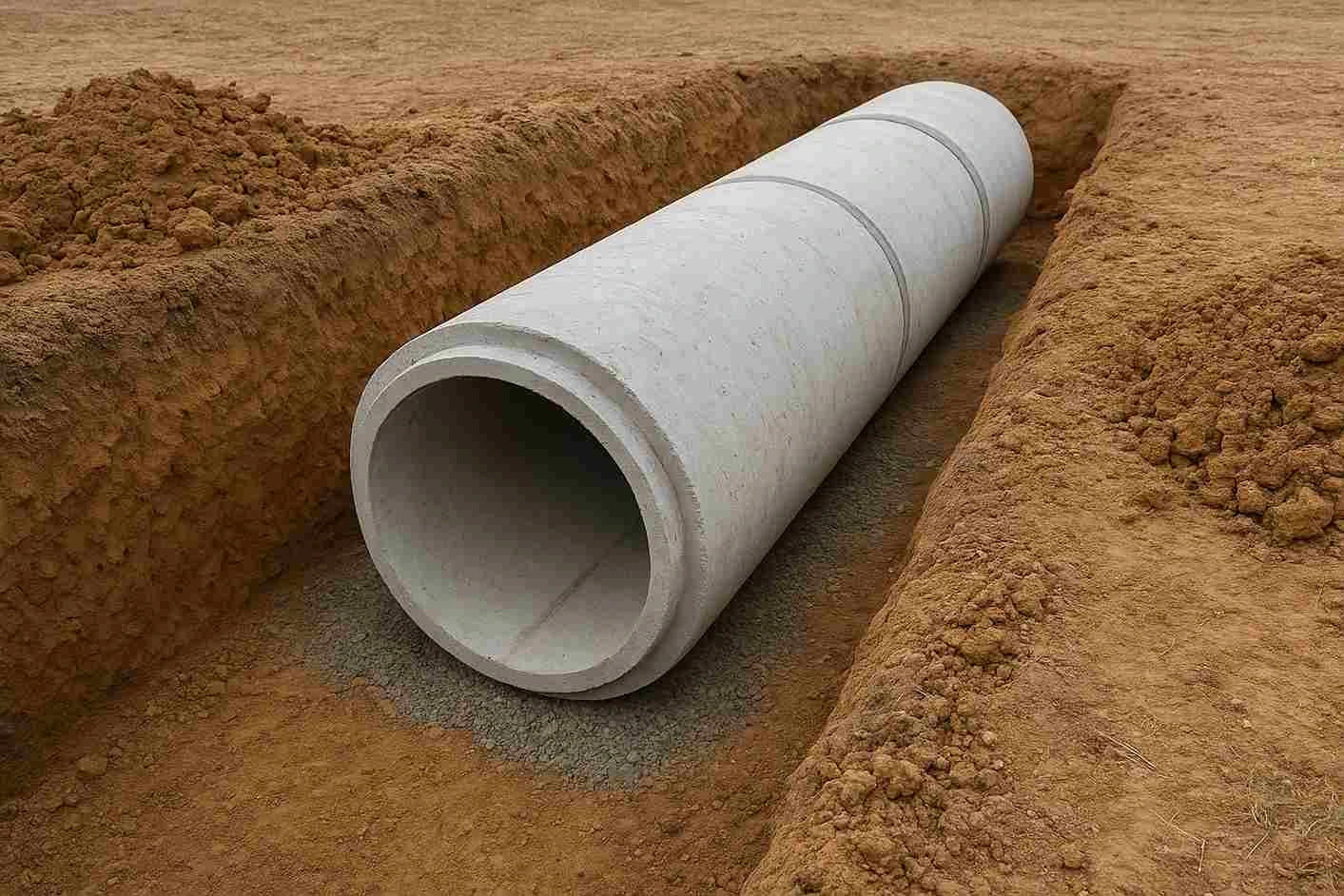 Buis beton besar yang diletakkan di dalam galian tanah untuk instalasi saluran drainase.