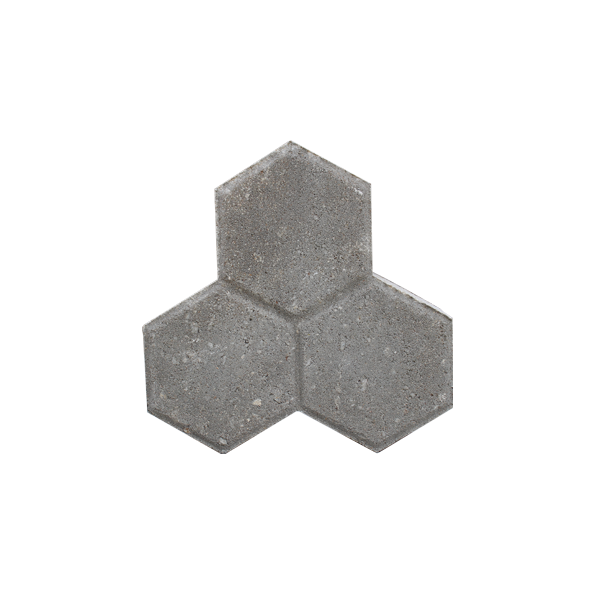 Paving block trihex berwarna abu-abu dengan bentuk tiga sisi heksagonal.