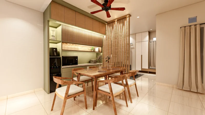 Desain interior produk kayu custom untuk dapur dan ruang makan dengan konsep modern elegan