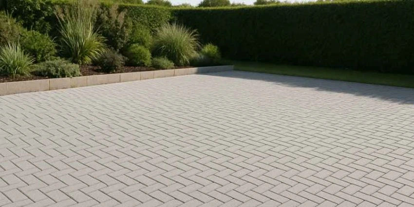 Paving block warna abu-abu terang terpasang rapi untuk halaman dan taman rumah tahan iklim tropis