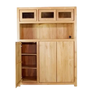 Rak dapur kayu minimalis dengan pintu penyimpanan dan finishing natural