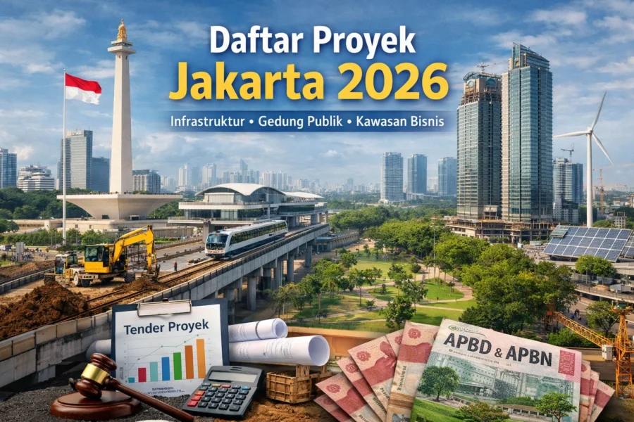 Infografis daftar proyek Jakarta 2026 meliputi infrastruktur, gedung publik, dan kawasan bisnis