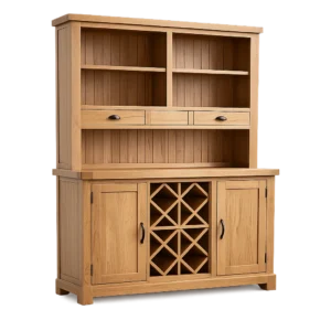 Kabinet dapur kayu solid natural dengan rak dan laci, foto produk tanpa background