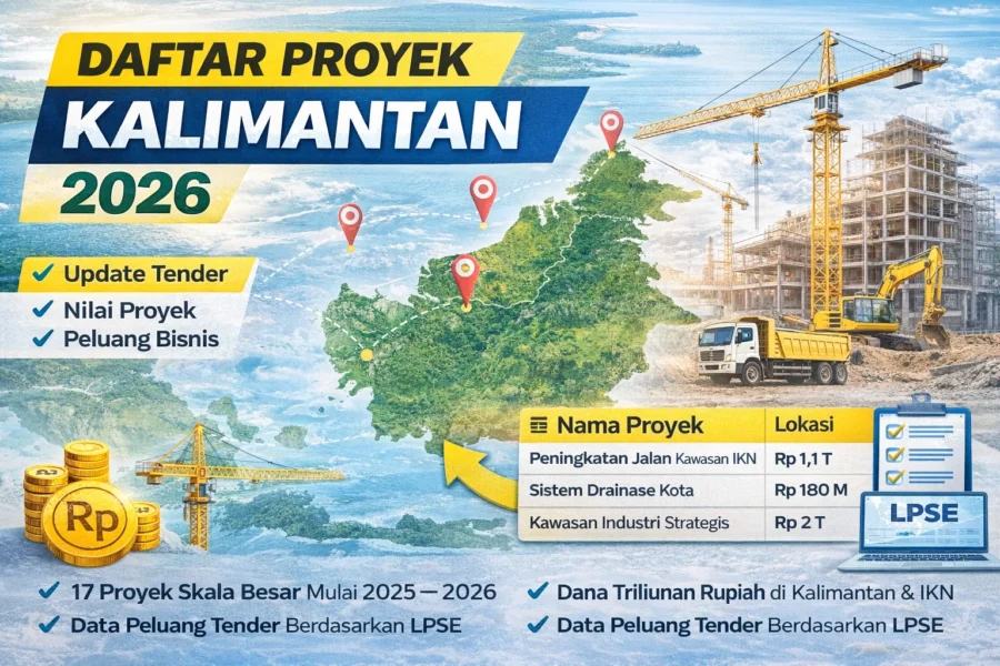 Daftar proyek Kalimantan 2026 berdasarkan data LPSE terbaru meliputi proyek infrastruktur, drainase, dan kawasan industri di IKN
