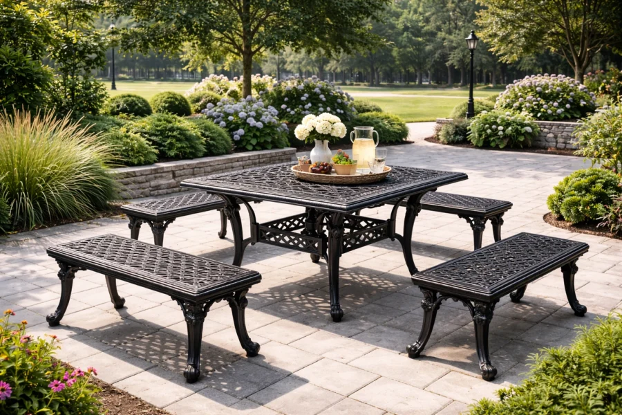 kursi taman besi cor dengan meja taman persegi aluminium cor di area outdoor taman