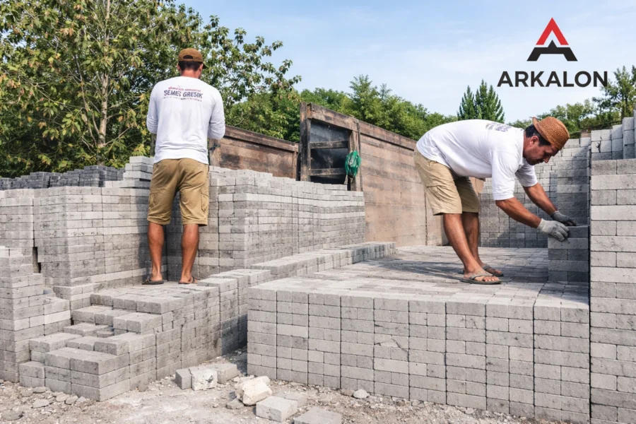 Proses pemasangan paving holland natural di Perumahan Taman Bukit Asri Semarang oleh tim Arkalon