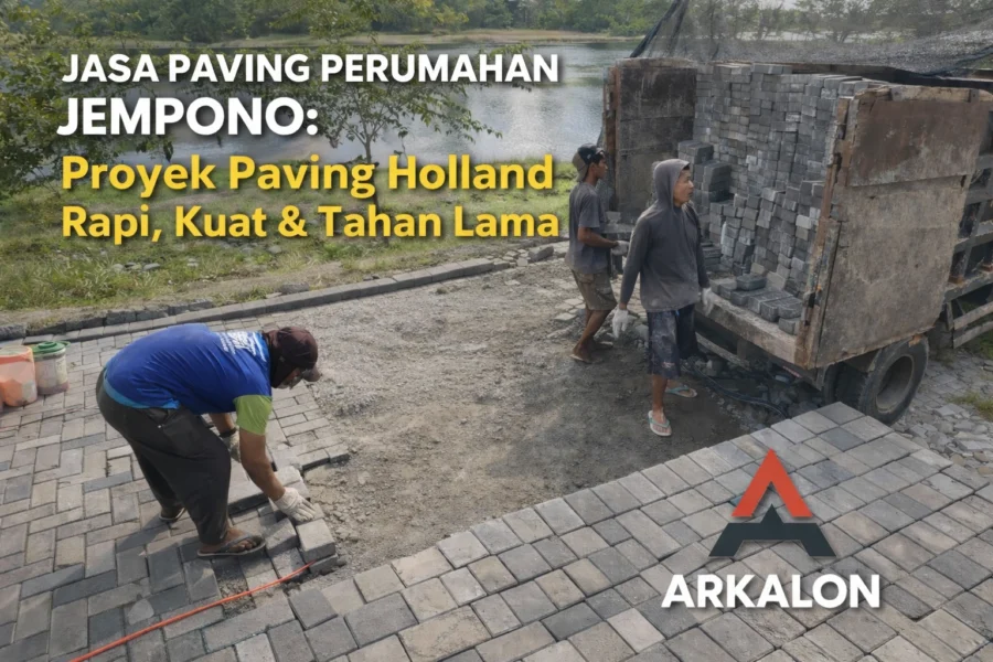 Pekerja melakukan penyiapan paving block holland model horizontal pada proyek jasa paving perumahan Jempono oleh Arkalon