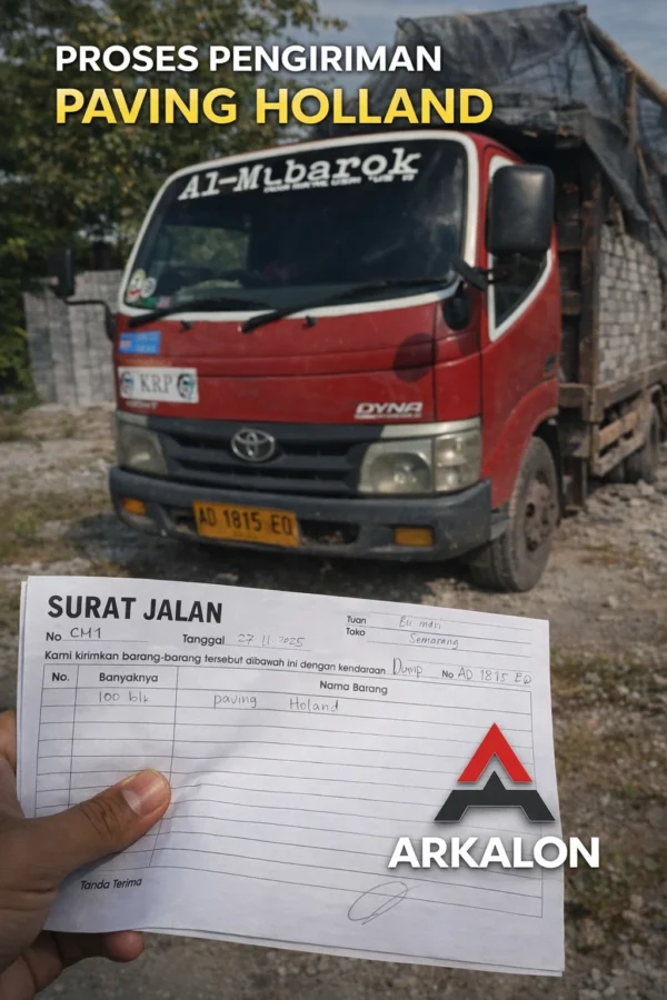 Dokumentasi proses pengiriman paving block holland menggunakan truk disertai surat jalan proyek perumahan Jempono oleh Arkalon