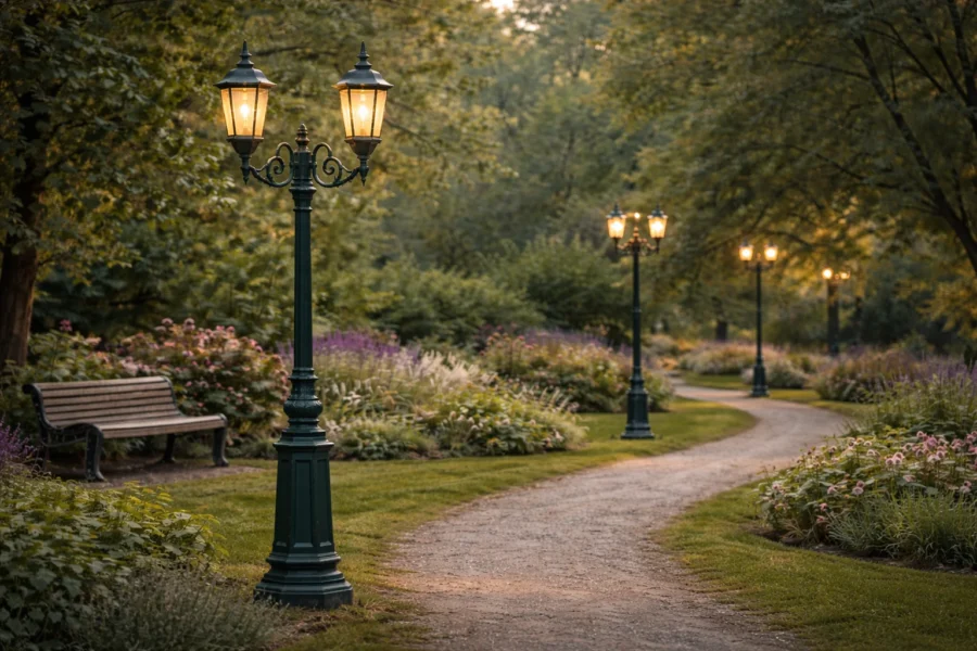 Tiang lampu taman antik warna hijau dua cabang terpasang di area taman landscape