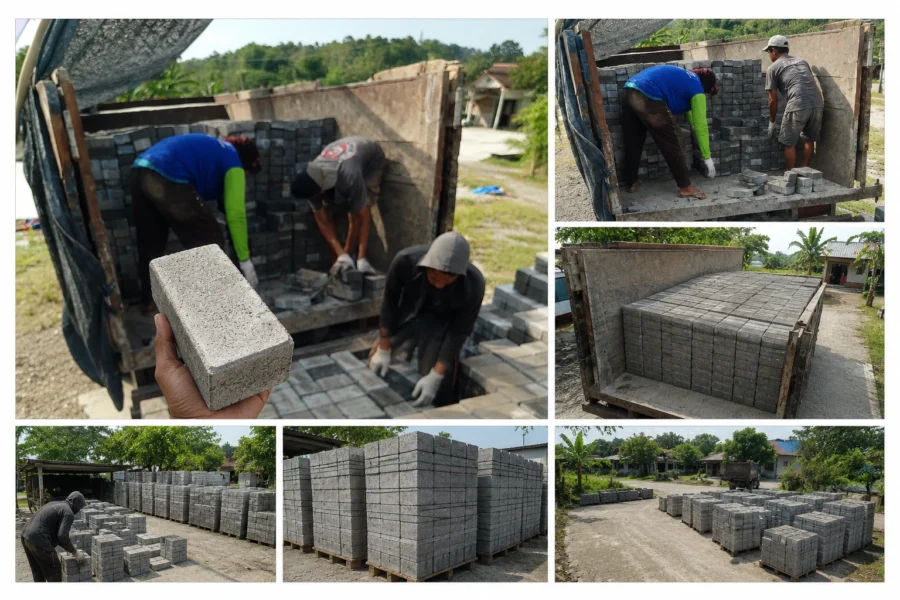 Dokumentasi pengiriman paving Holland K300 ke proyek halaman toko batik di Sukoharjo menggunakan dump truck