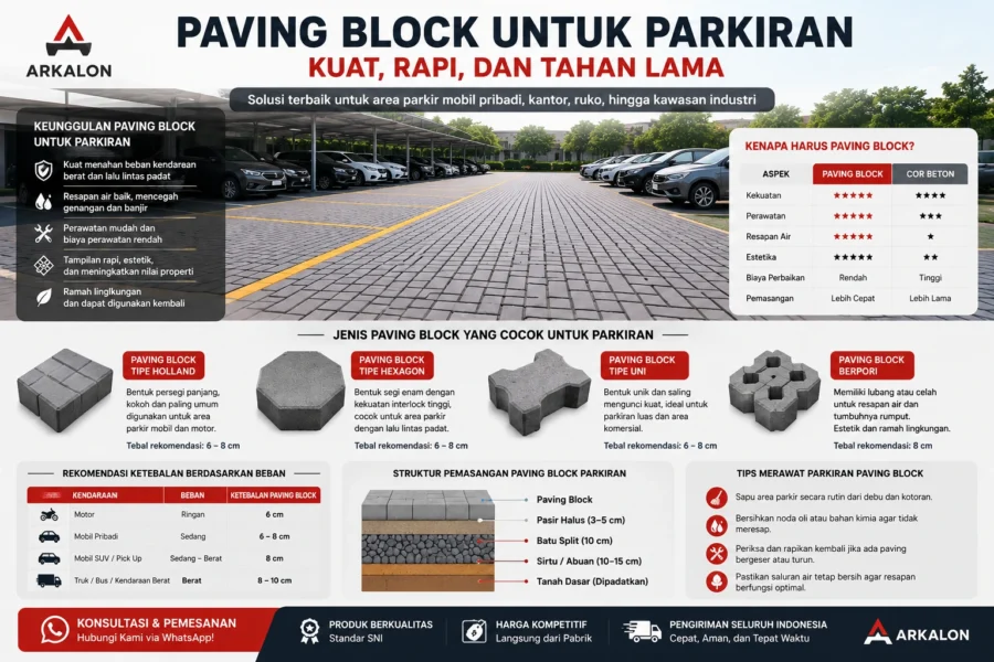 Infografis paving block untuk parkiran mobil dengan rekomendasi ketebalan dan jenis paving dari Arkalon