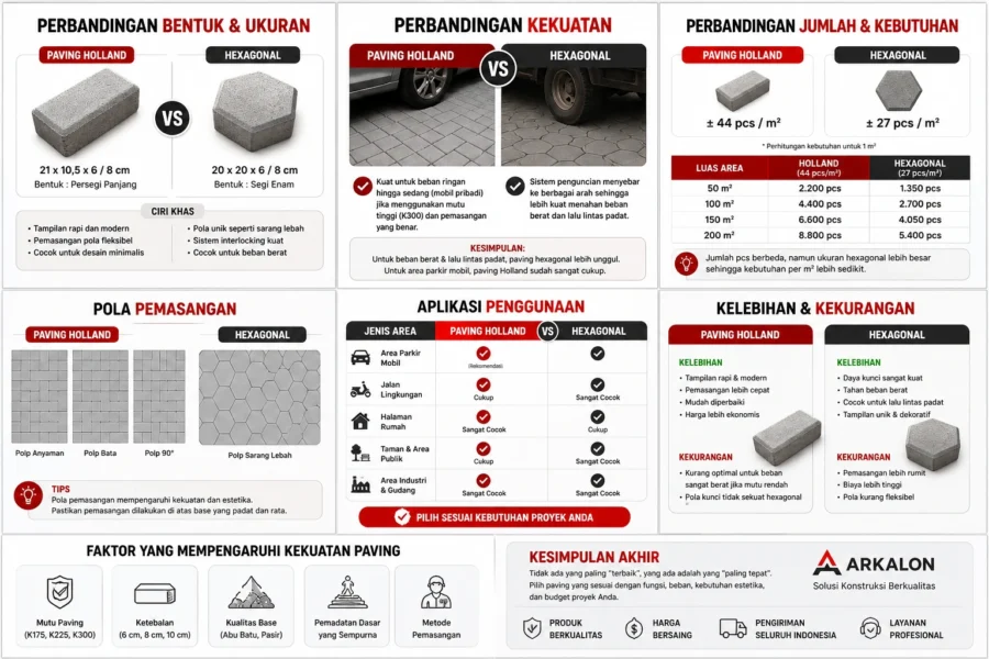 Perbandingan kekuatan paving Holland dan hexagonal untuk area parkir mobil dan jalan lingkungan