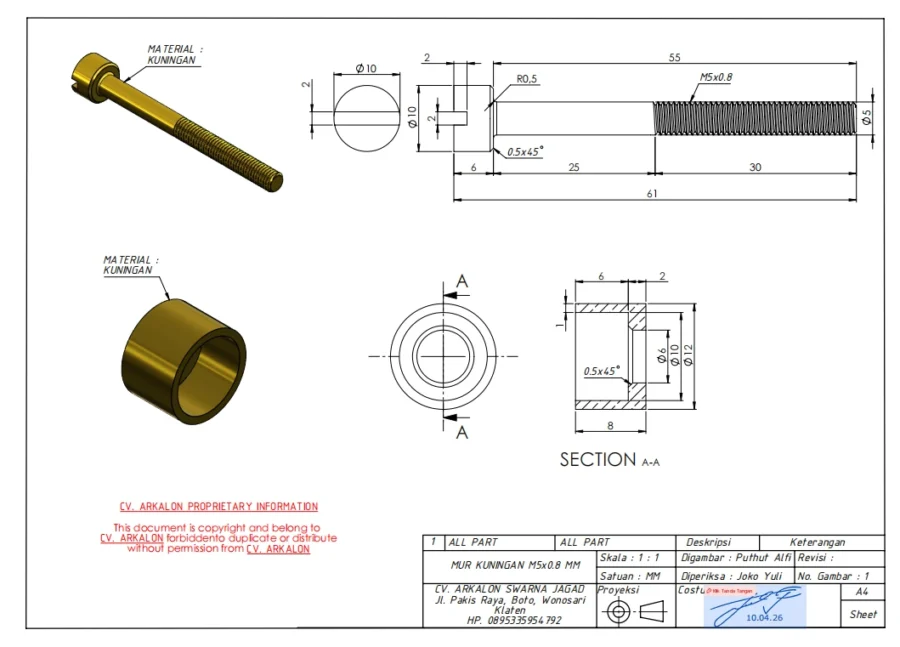 Fungsi gambar teknik pada drawing mur kuningan M5x0.8 lengkap dengan dimensi, ulir, dan potongan penampang.
