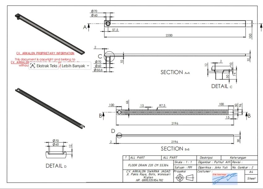 Fungsi gambar teknik pada desain floor drain stainless steel SS304 dengan dimensi, detail, dan penampang.