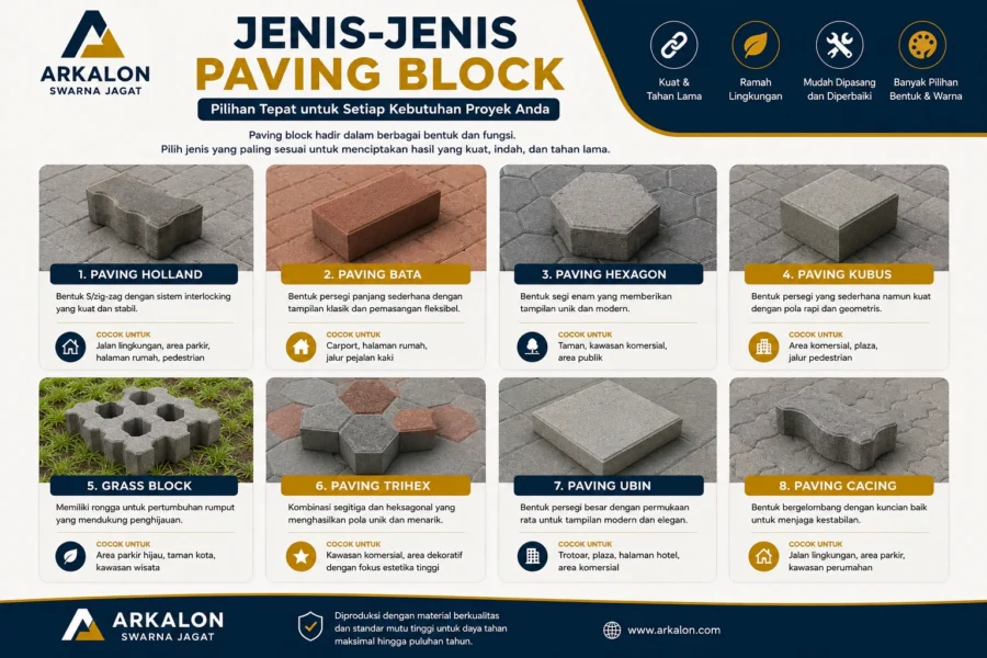 Infografis jenis-jenis paving block lengkap seperti paving Holland, paving bata, hexagon, grass block, kubus, trihex, ubin, dan paving cacing produksi Arkalon.
