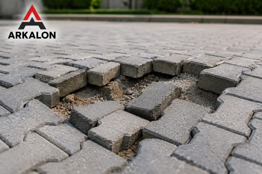 Paving block holland tebal 6 cm mengalami ambles dan kerusakan akibat penurunan tanah pada area perkerasan luar ruangan.
