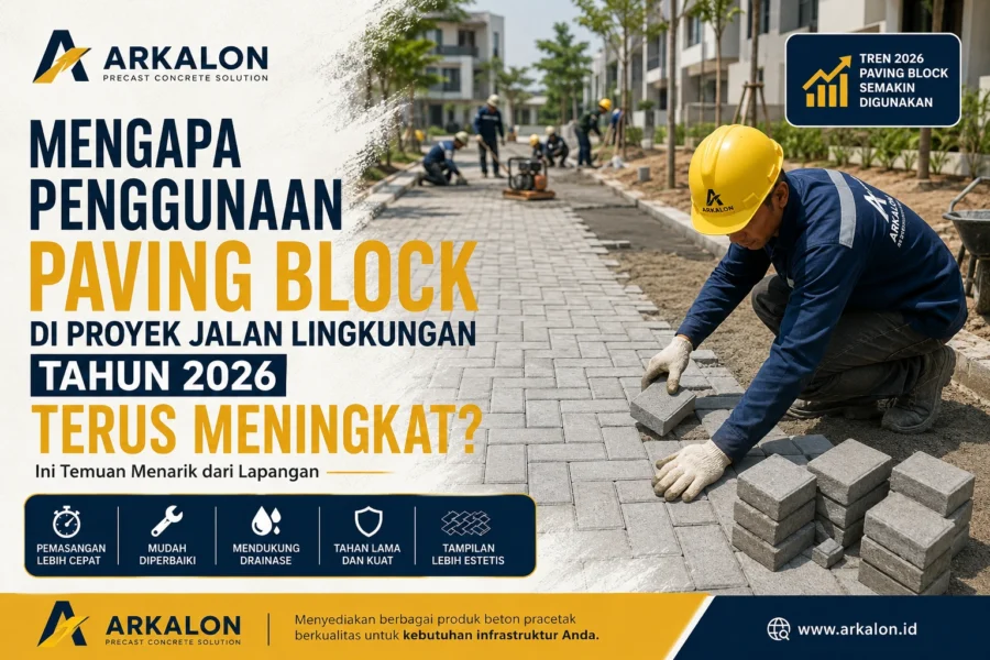 Pekerja memasang paving block pada proyek jalan lingkungan tahun 2026 menggunakan produk beton pracetak Arkalon.