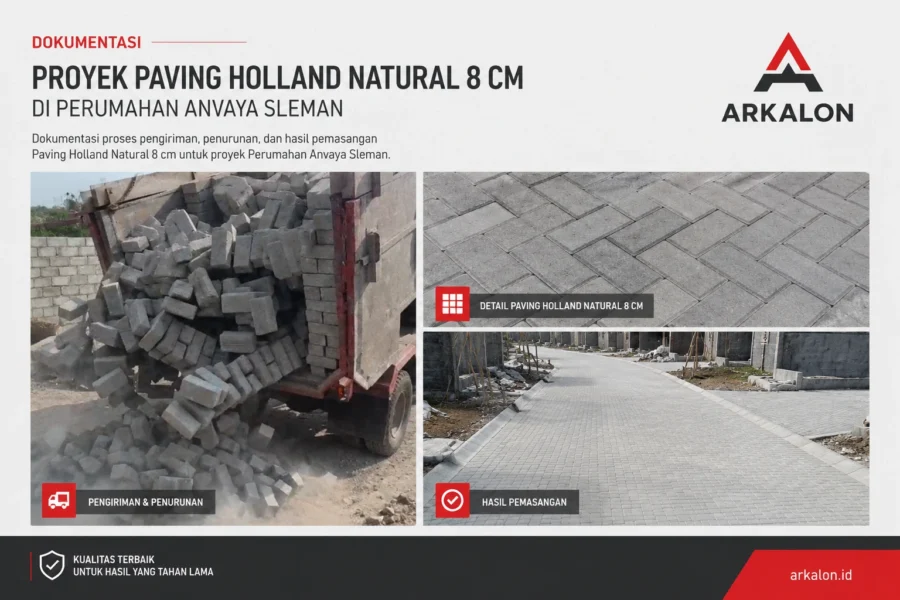 Dokumentasi proyek pemasangan Paving Holland Natural 8 cm di Perumahan Anvaya Sleman oleh Arkalon, meliputi proses pengiriman, penurunan material, dan hasil pemasangan.