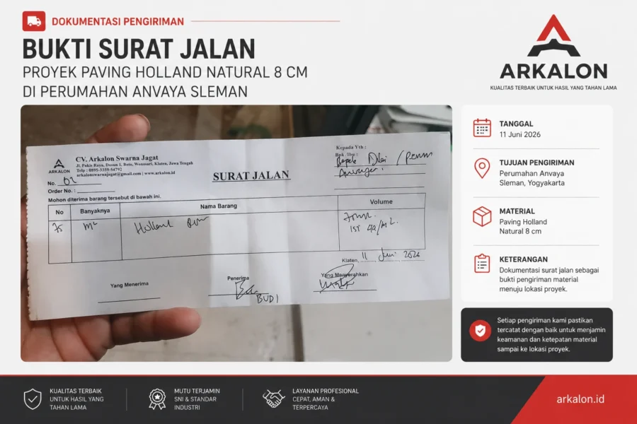 Surat jalan pengiriman Paving Holland Natural 8 cm untuk proyek Perumahan Anvaya Sleman sebagai bukti dokumentasi distribusi material oleh Arkalon.