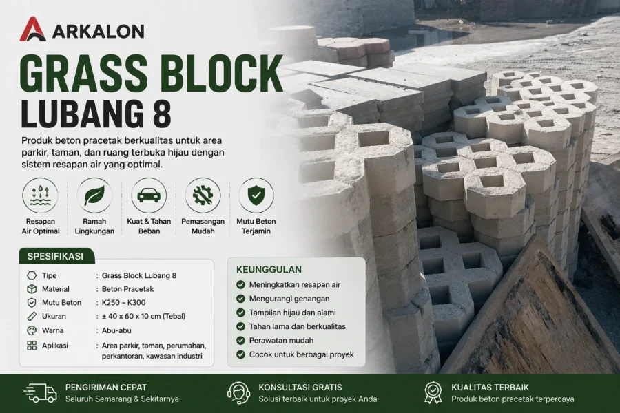 Grass block lubang 8 Semarang Arkalon untuk area parkir, taman, dan ruang terbuka hijau dengan mutu beton K250–K300