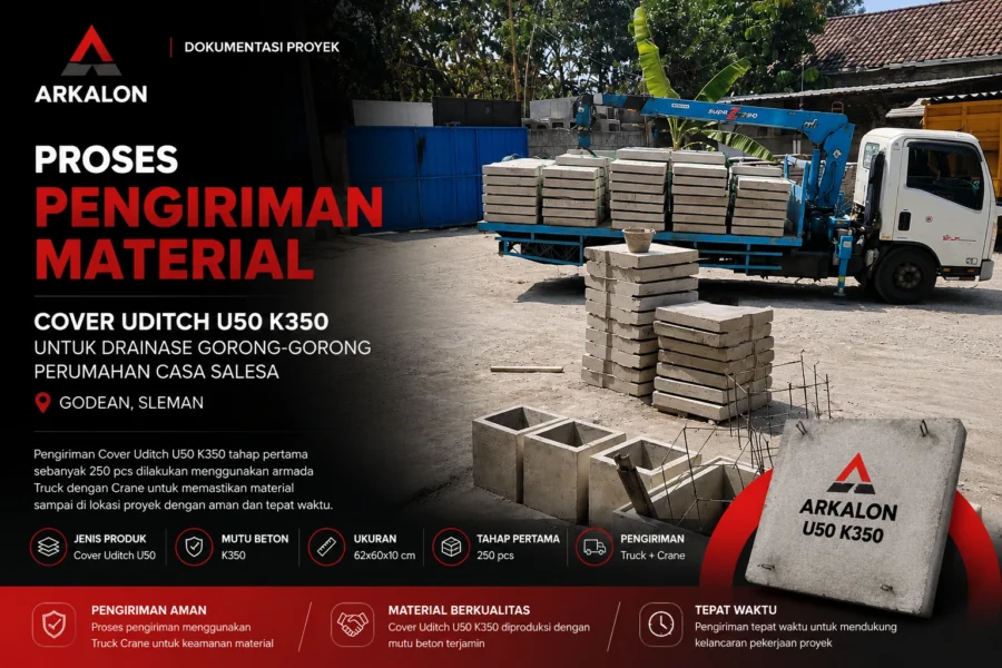 Pengiriman Cover Uditch U50 K350 menggunakan Truck Crane untuk proyek drainase Casa Salesa di Godean Sleman