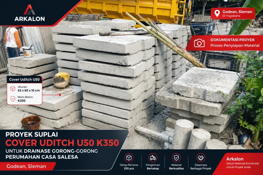 Proses penyiapan Cover Uditch U50 K350 untuk proyek drainase Perumahan Casa Salesa di Godean Sleman